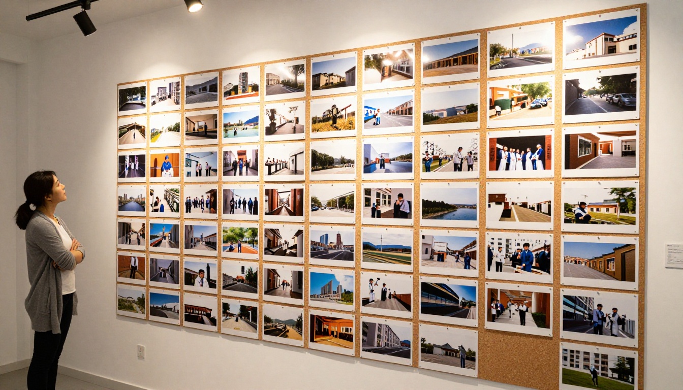 Hundreds of printed photographs arranged in a precise grid on a large natural cork pinboard, a female researcher standing to the side examining the collection with arms crossed, warm overhead track lighting