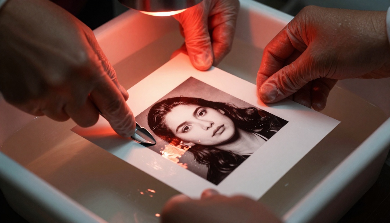 Photographer developing a black and white film photograph in a chemical developer bath, a portrait image slowly emerging from the white photographic paper, amber red safe-light creating dramatic warm illumination from above