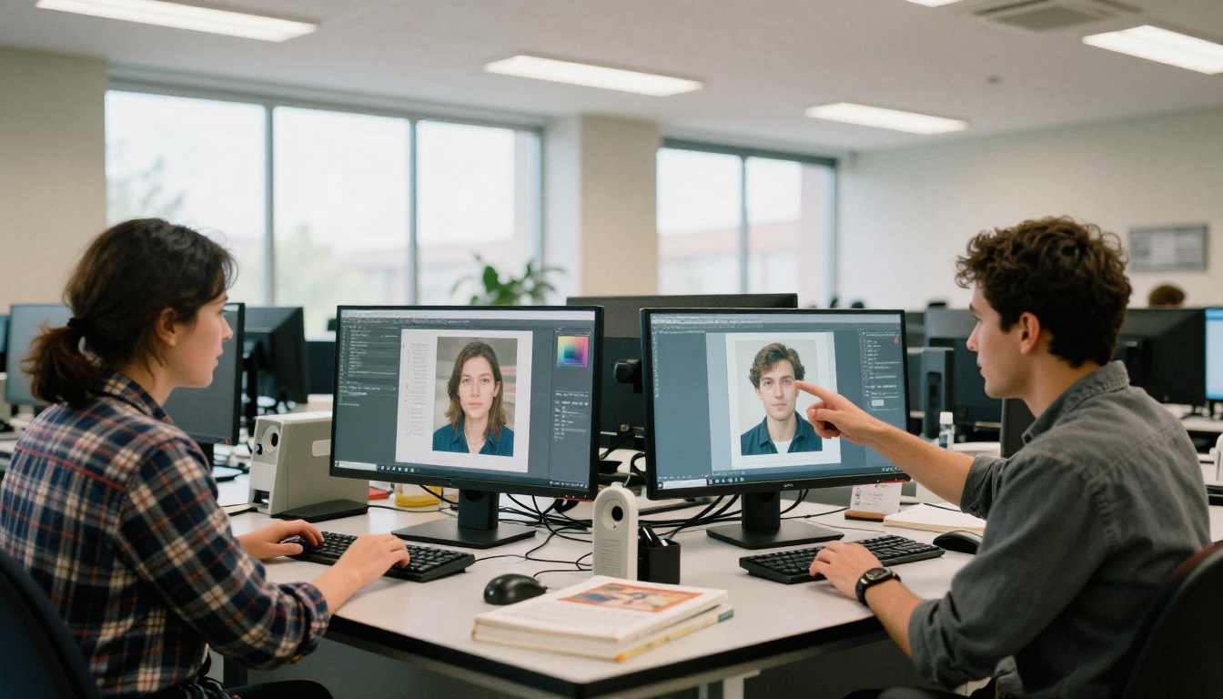 Two researchers sitting side by side in a bright modern university computer lab, examining different AI-generated images on their large monitors, engaged in conversation pointing at the screens, candid documentary photography style
