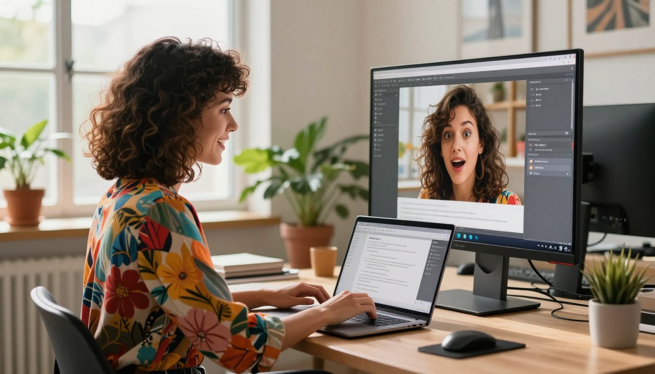 Creative professional woman typing a text prompt into an AI image generator on her laptop, her external monitor displaying a beautifully generated portrait image, genuine delight visible on her face, natural daylight in a bright creative studio