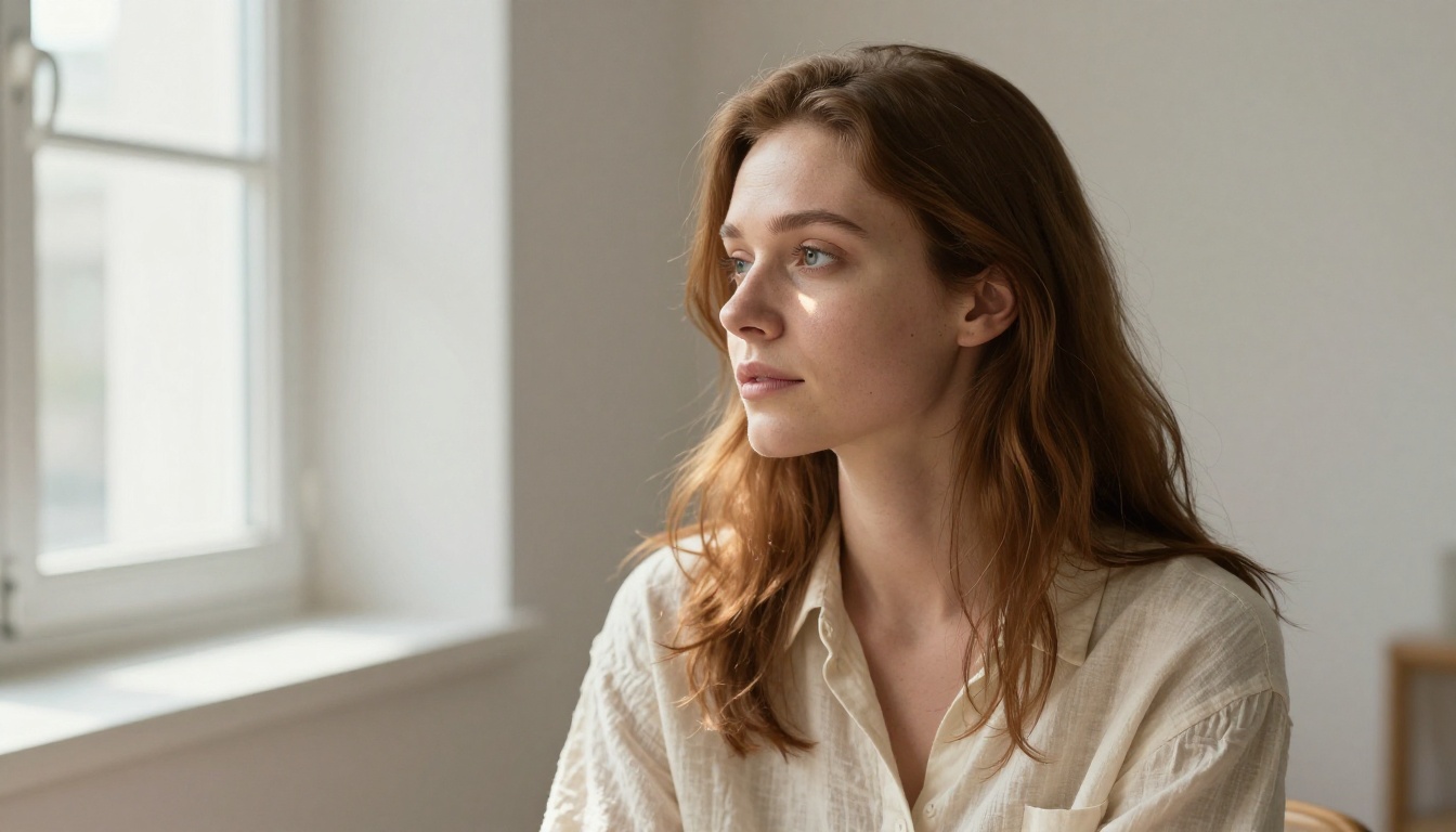 Woman sitting by studio window, natural light portrait reference example