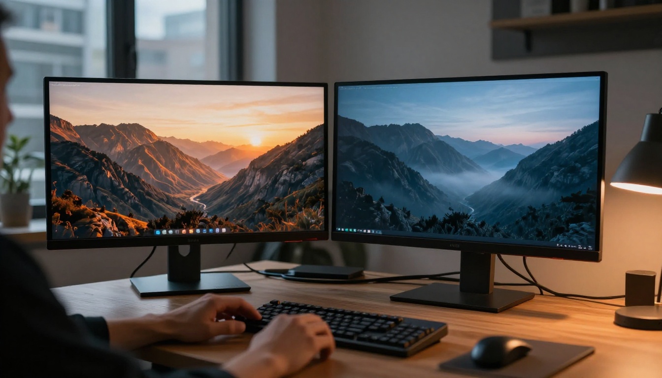 Dual monitor workspace showing original and AI-converted landscape images side by side