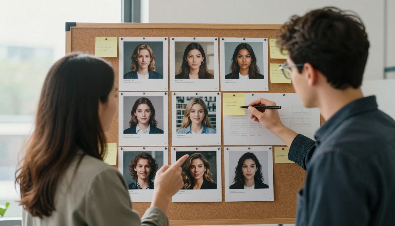 Two researchers comparing AI-generated image outputs on a corkboard