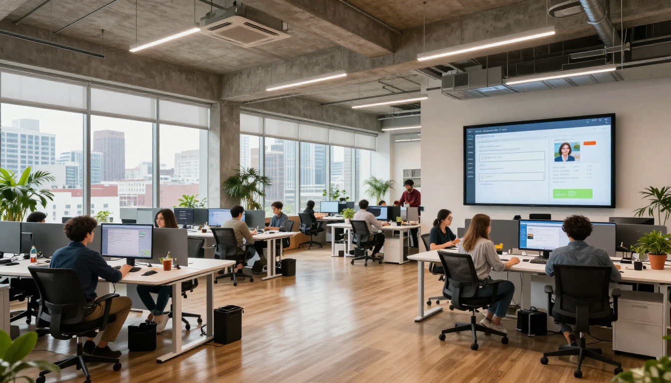Modern AI startup office with image generation interfaces visible on screens