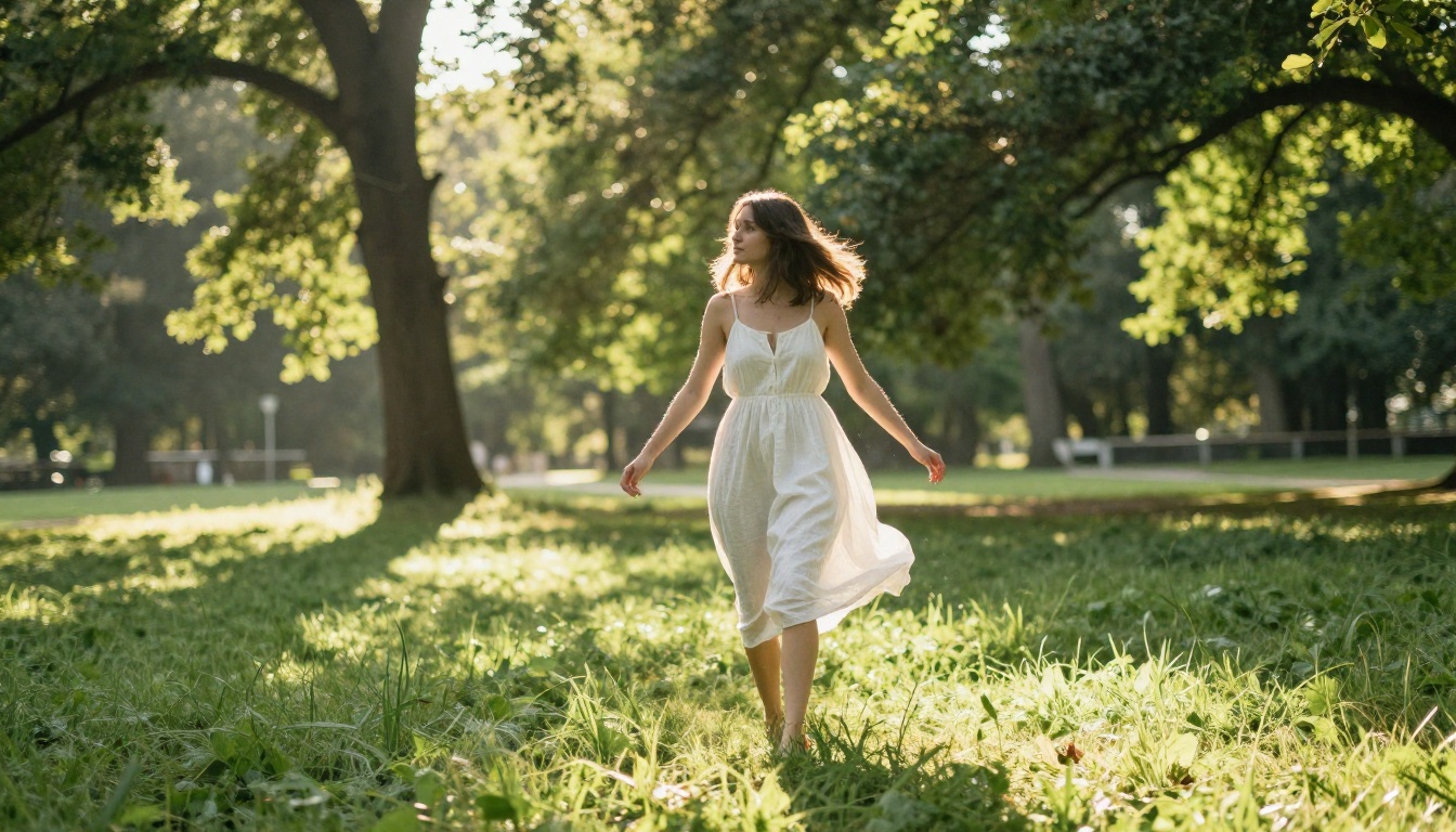 Woman in white sundress walking through sunlit park in natural golden hour light