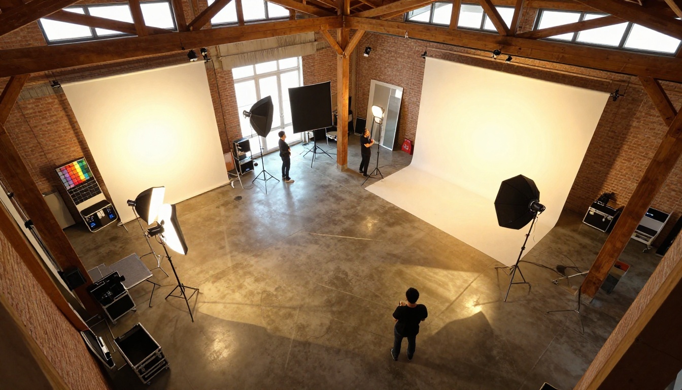 Aerial bird's-eye view of a professional photography studio loft with crew at work