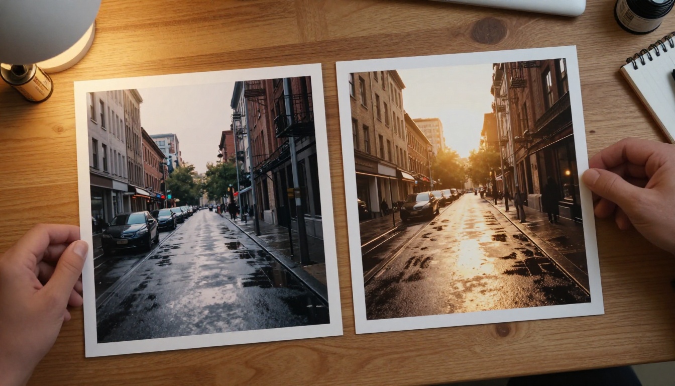 Two printed photographs on wooden desk showing before and after lighting scene change