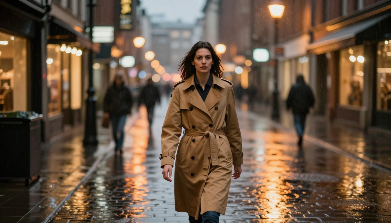 Woman in camel trench coat walking on a rain-soaked city street at night with bokeh lights