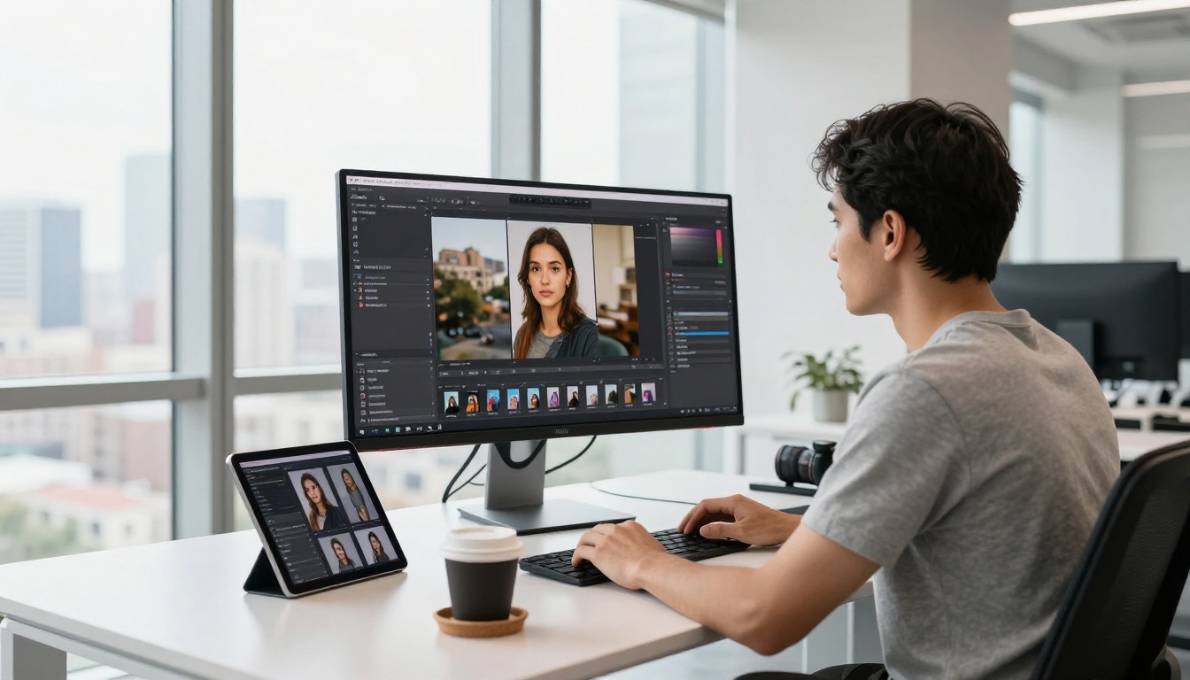 Graphic designer at standing desk examining before and after portrait comparison on large monitor