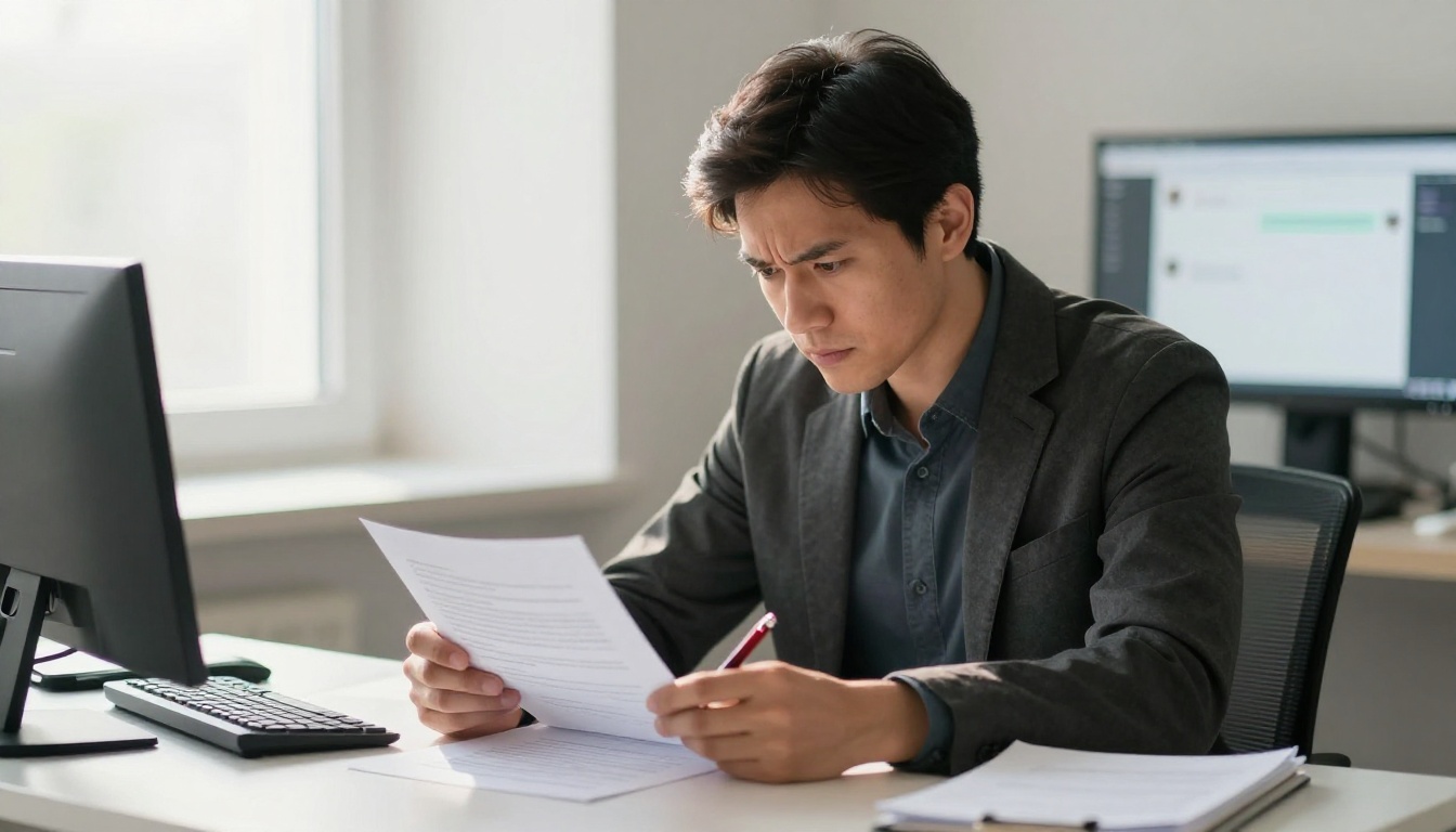 Engineer carefully reviewing AI output on printed documents