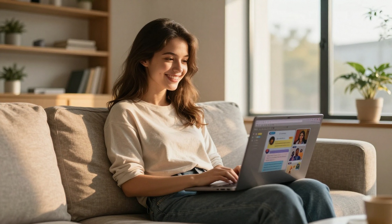 Cheerful user experimenting with AI platform on laptop at home