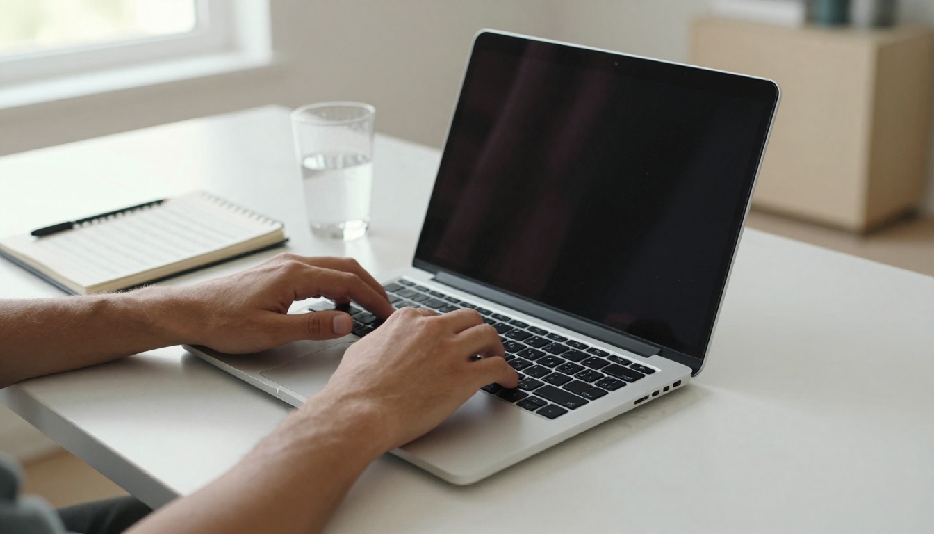 Hands typing song lyrics on a laptop in a home studio