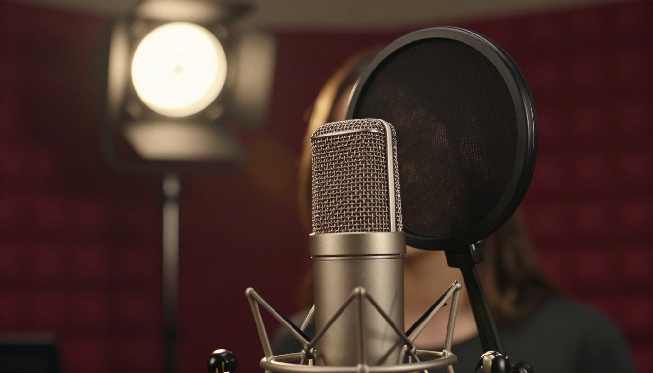 A professional condenser microphone in a vocal recording booth