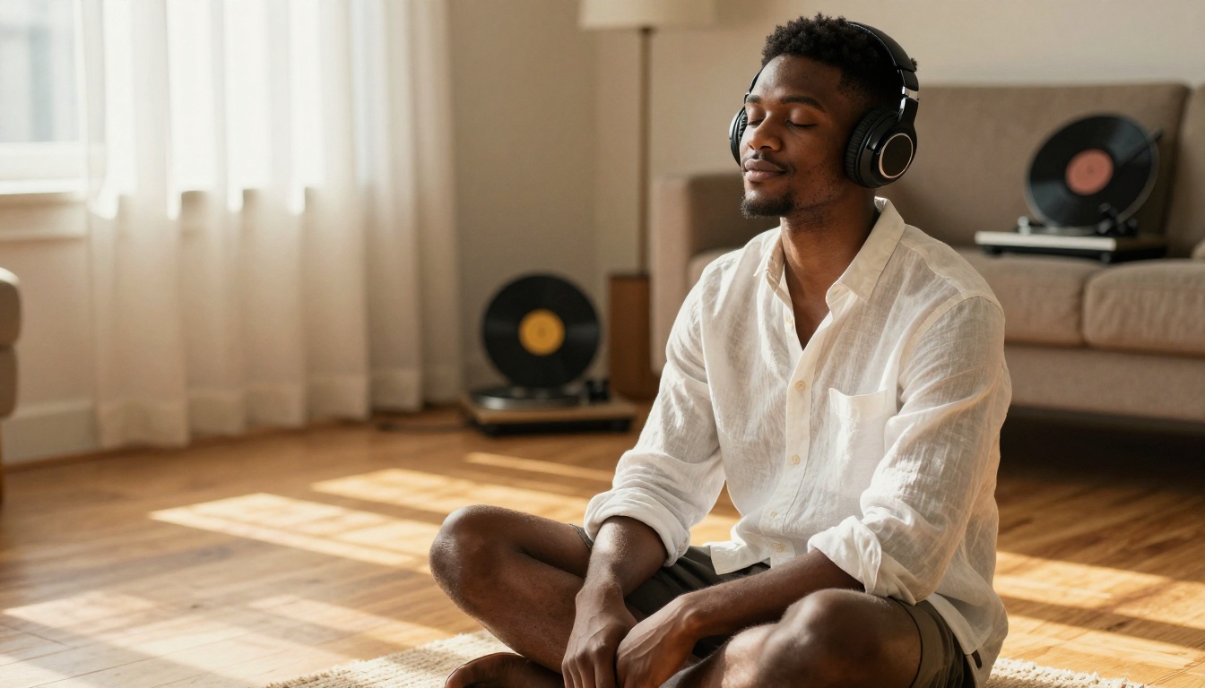 A man wearing headphones listening with eyes closed in a sunlit living room