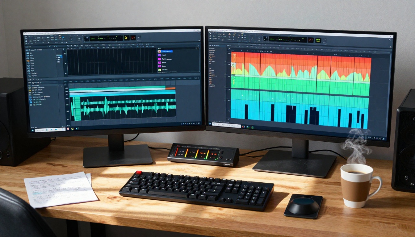 An aerial view of a professional digital audio workstation setup on a wooden desk