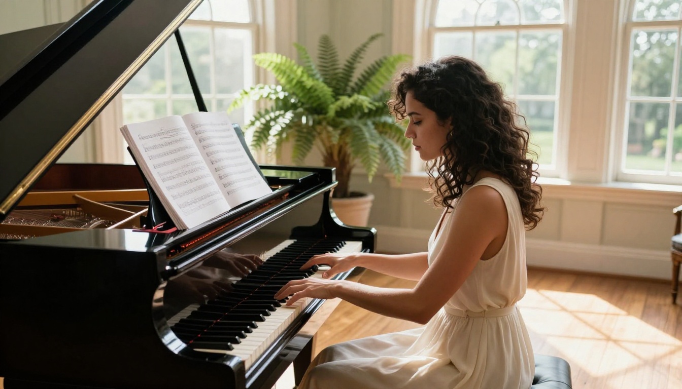 A woman with curly hair playing a grand piano in a sunlit conservatory