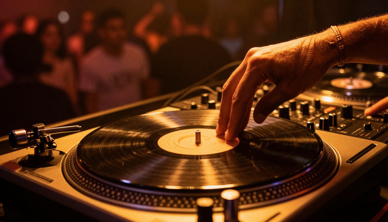 A DJ's hands on turntables with a crowd in soft focus behind