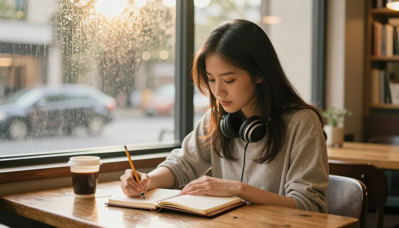 A young woman songwriter writing lyrics in a leather notebook at a café