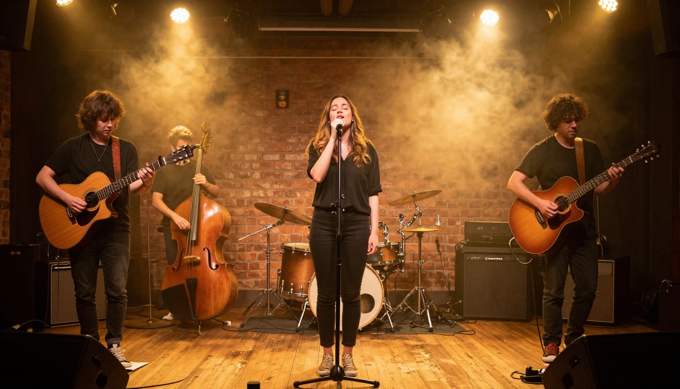 A diverse band of four musicians performing on an intimate stage with warm amber lighting