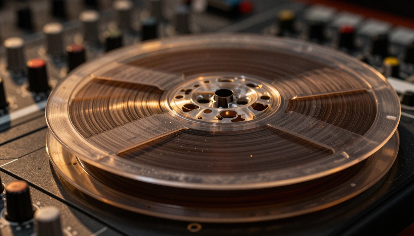 Extreme close-up macro of magnetic tape running across a vintage recording tape head