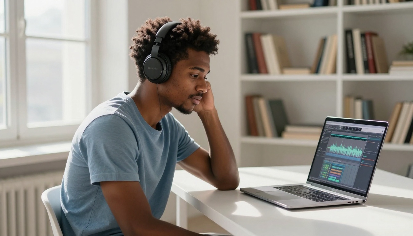 Young man working with audio software on laptop