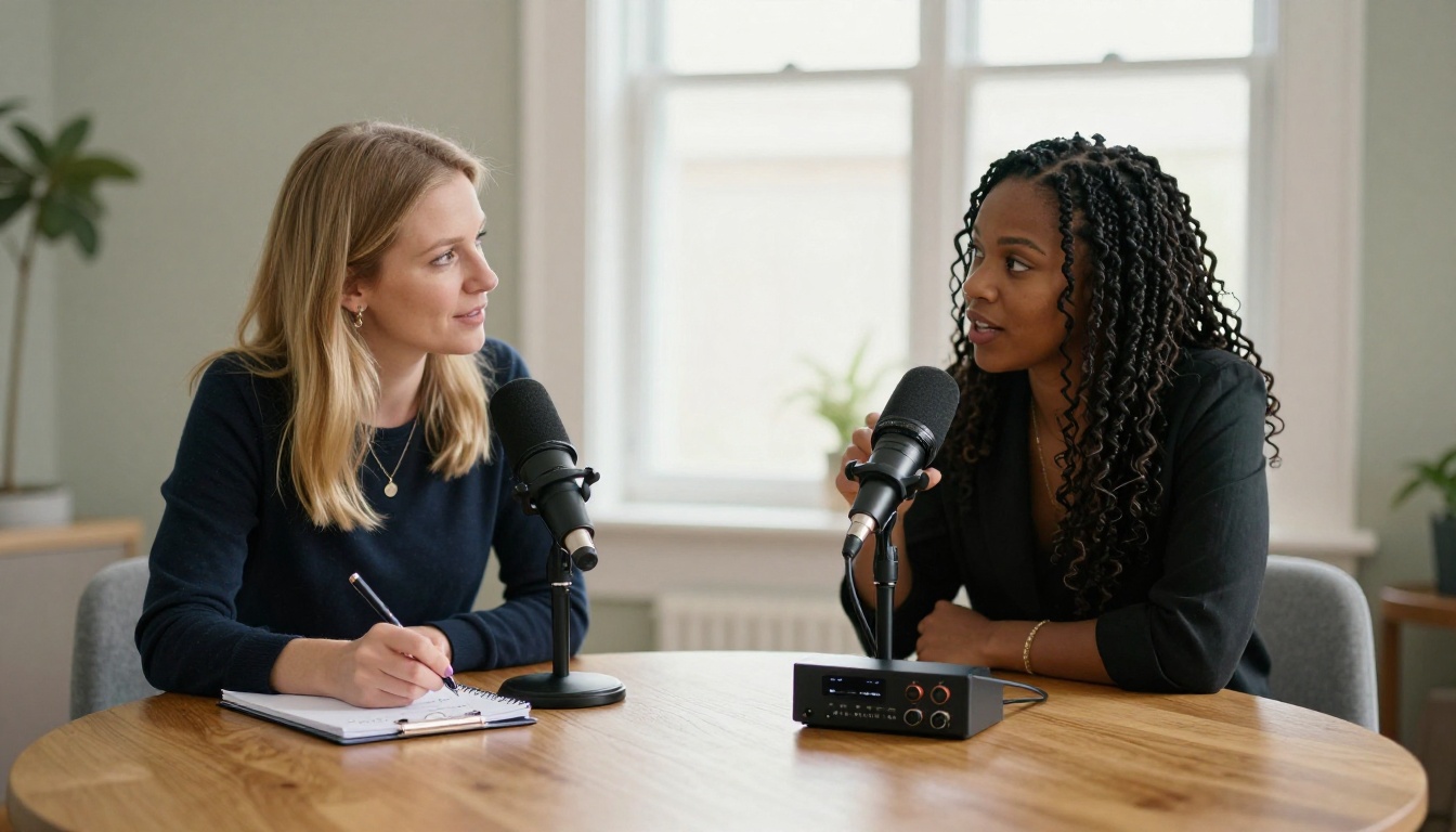Two women collaborating with microphones at a table