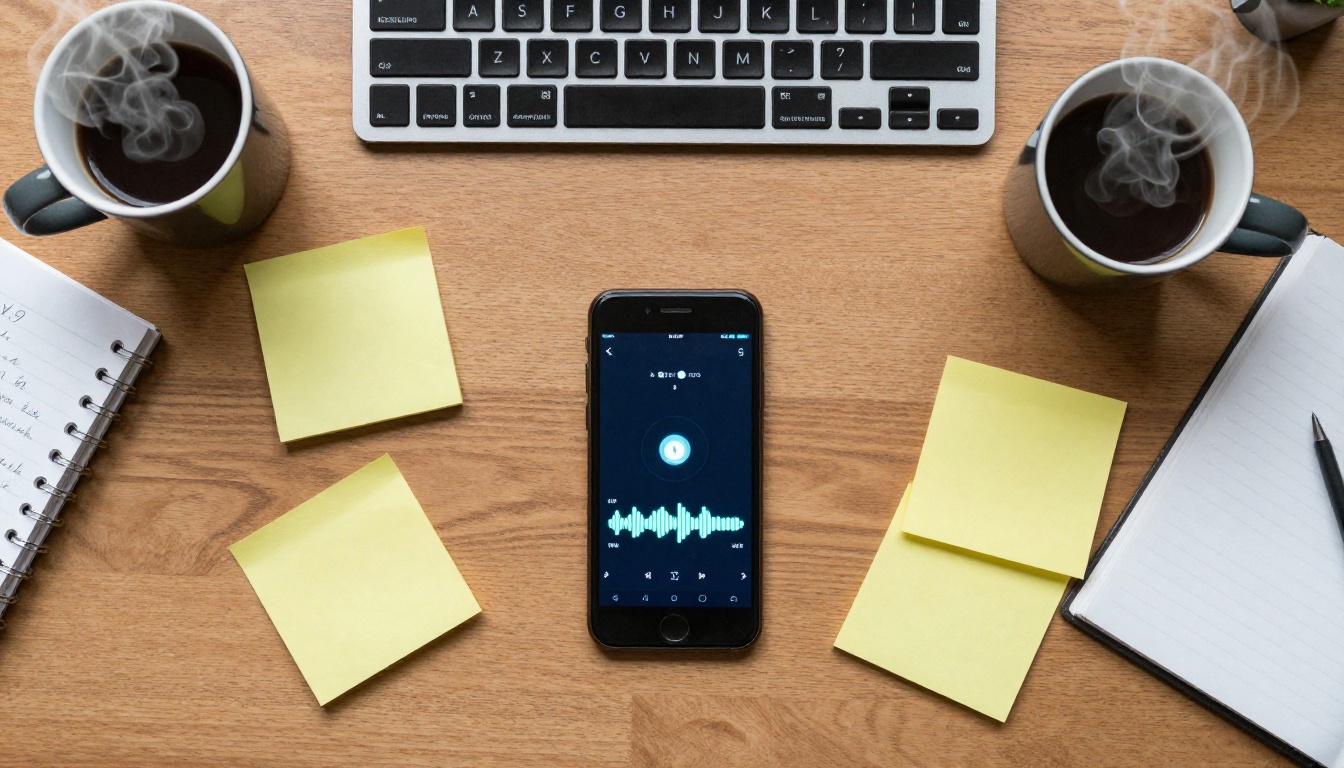 Aerial view of a wooden desk with a smartphone showing a live voice-to-text interface surrounded by sticky notes and a coffee mug
