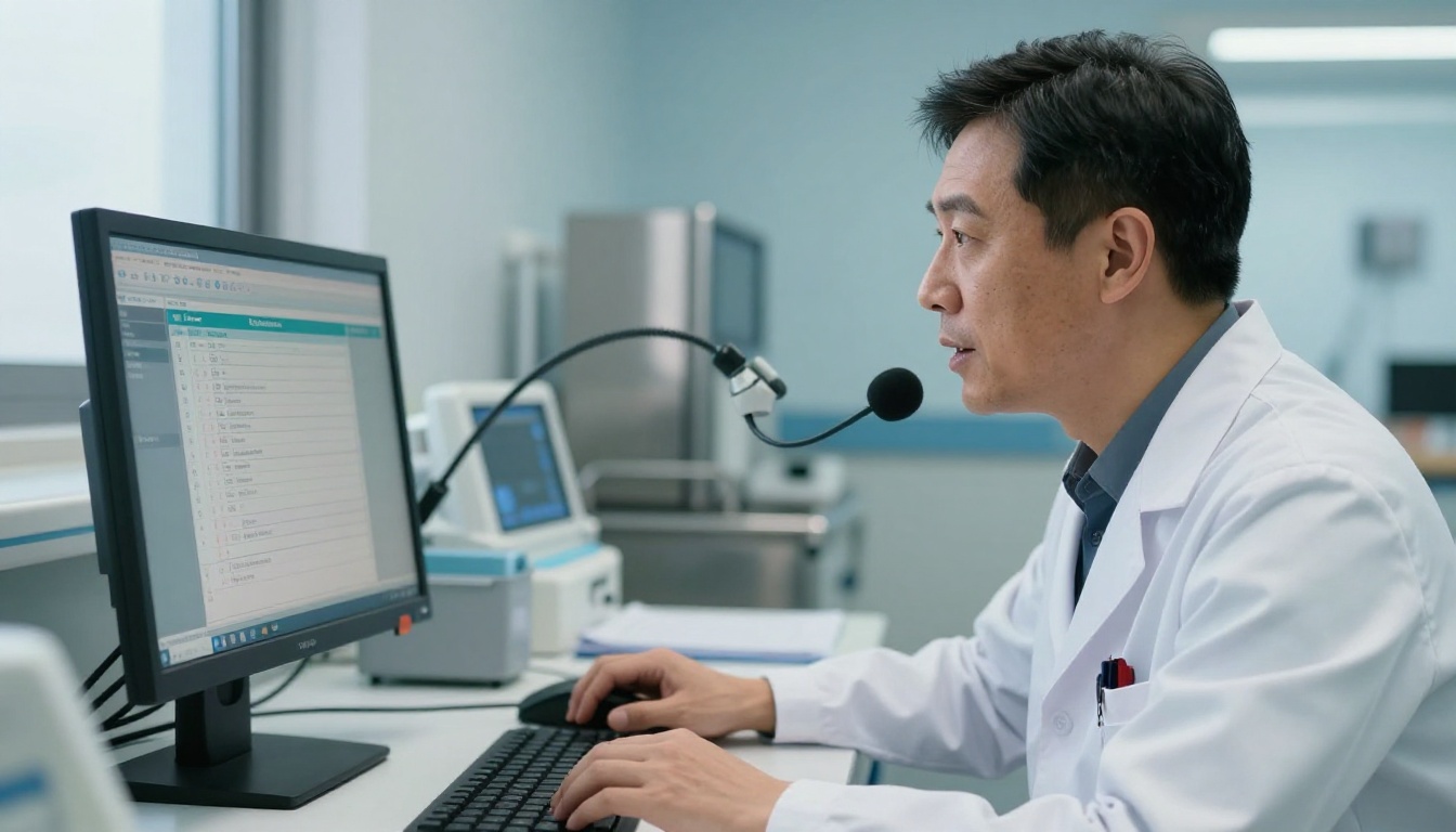 Male doctor in a white coat speaking to a medical microphone at a hospital desk while a monitor shows a medical record interface