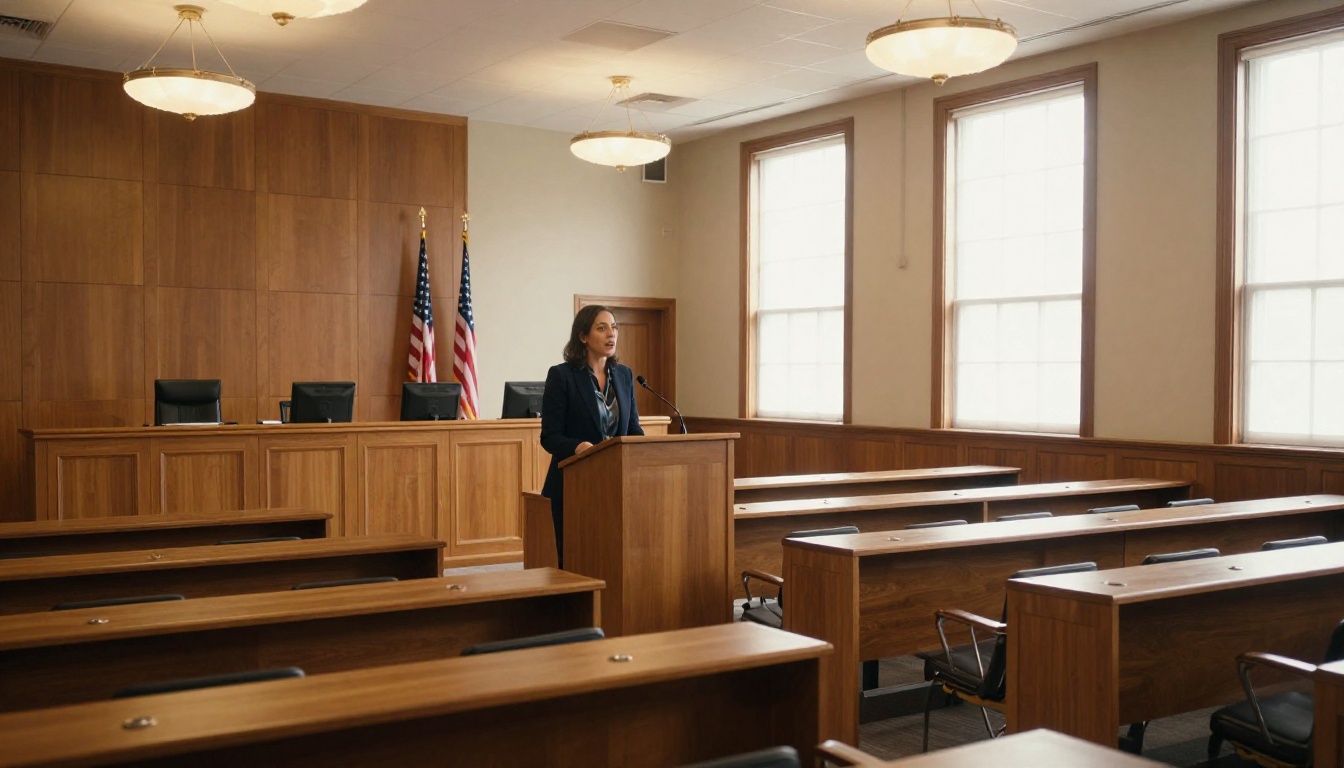 Female lawyer in a navy blazer speaking at a podium in a wood-paneled courtroom with volumetric light from arched windows