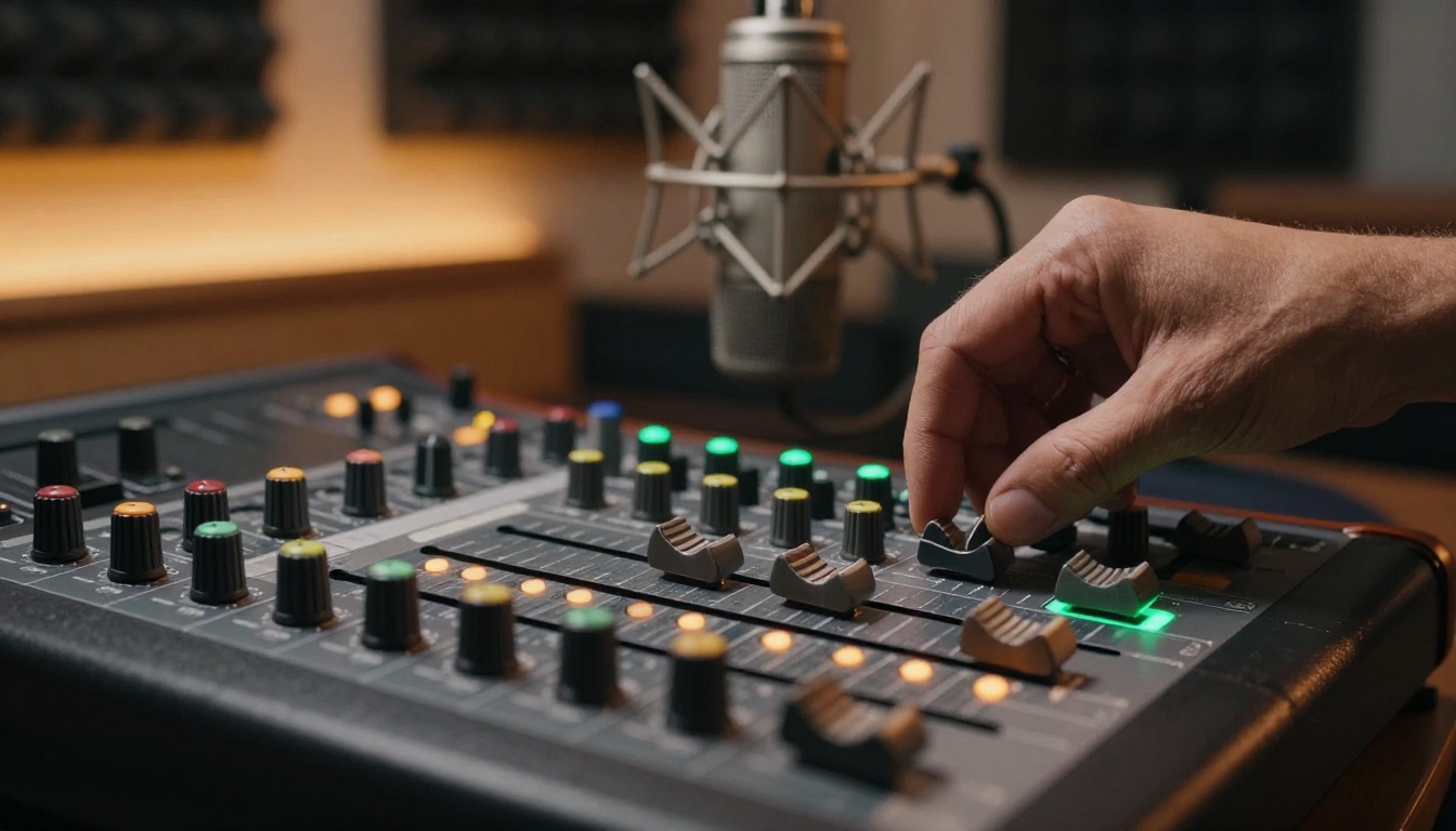 Close-up of a podcaster's hands adjusting faders on a high-end audio mixing board in a studio with acoustic foam panels