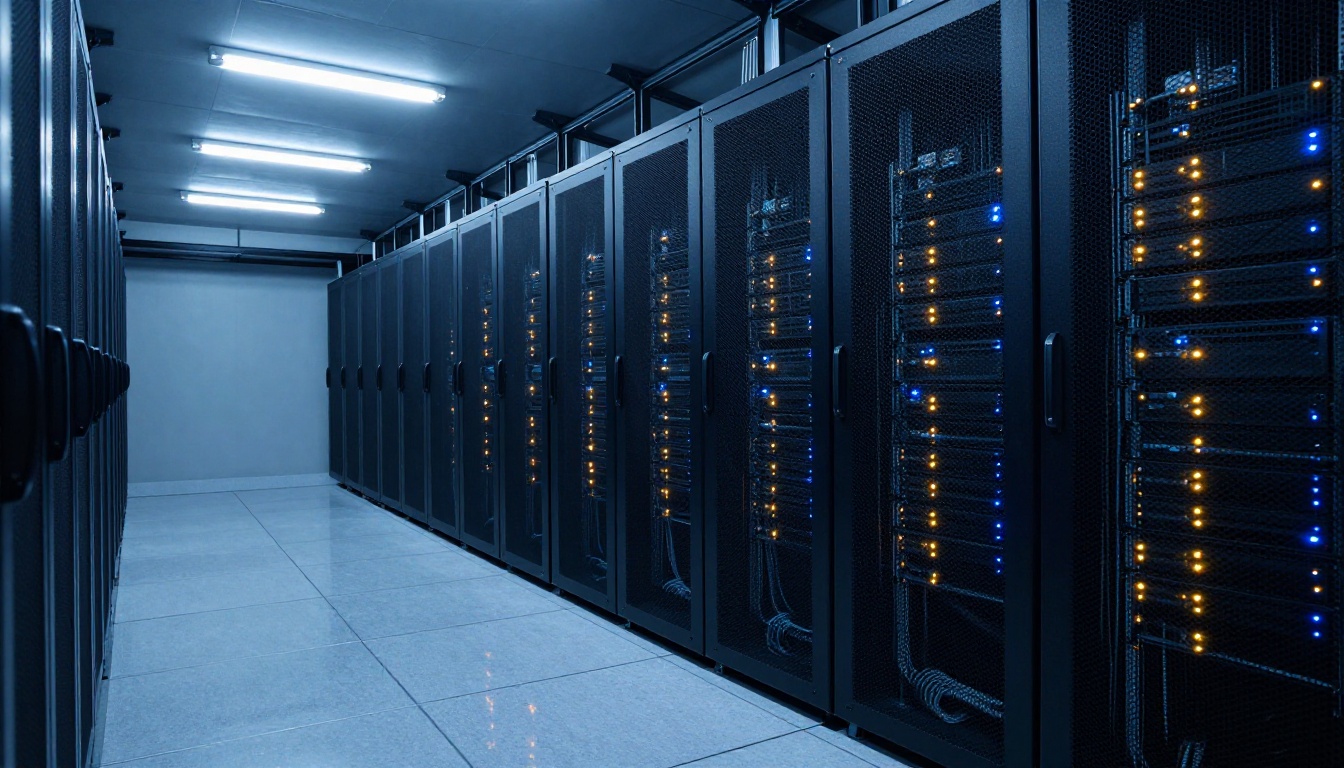 Server rack room with rows of computing hardware