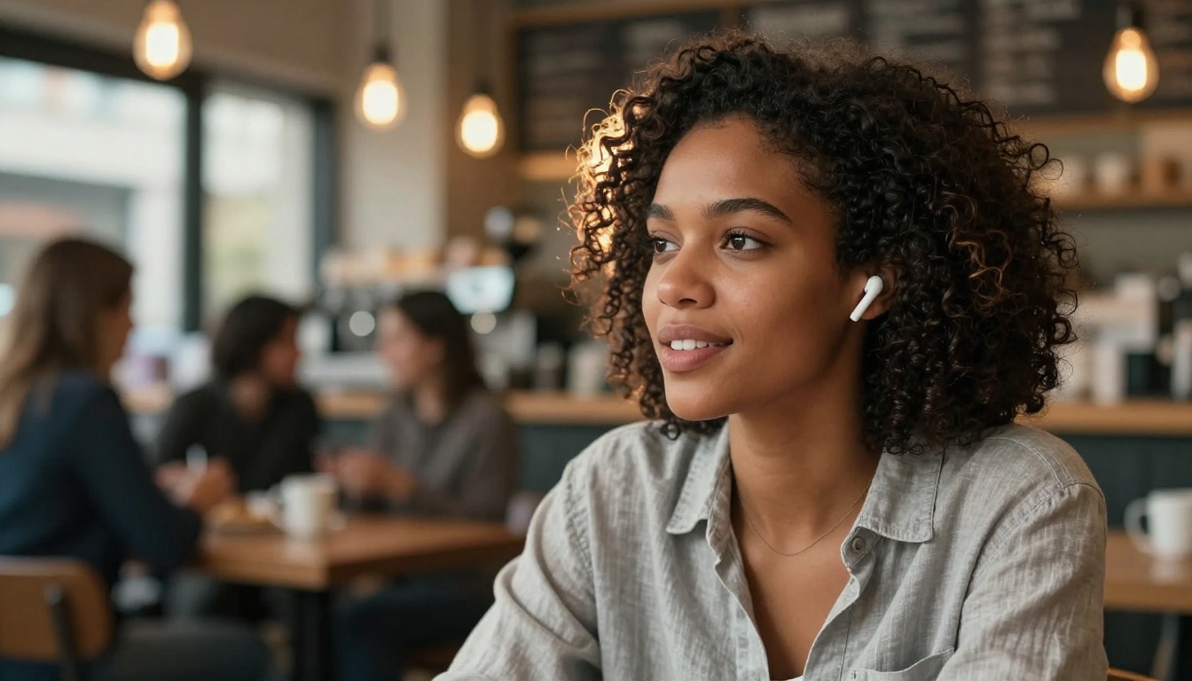 Young Black woman wearing wireless earbuds speaking naturally in a warm coffee shop with bokeh background