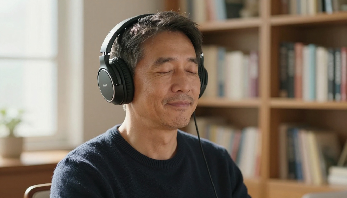 Man listening with headphones in warm home office