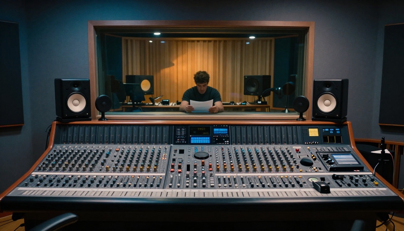 Wide shot of a professional recording studio control room with mixing console, monitor speakers, and isolation booth