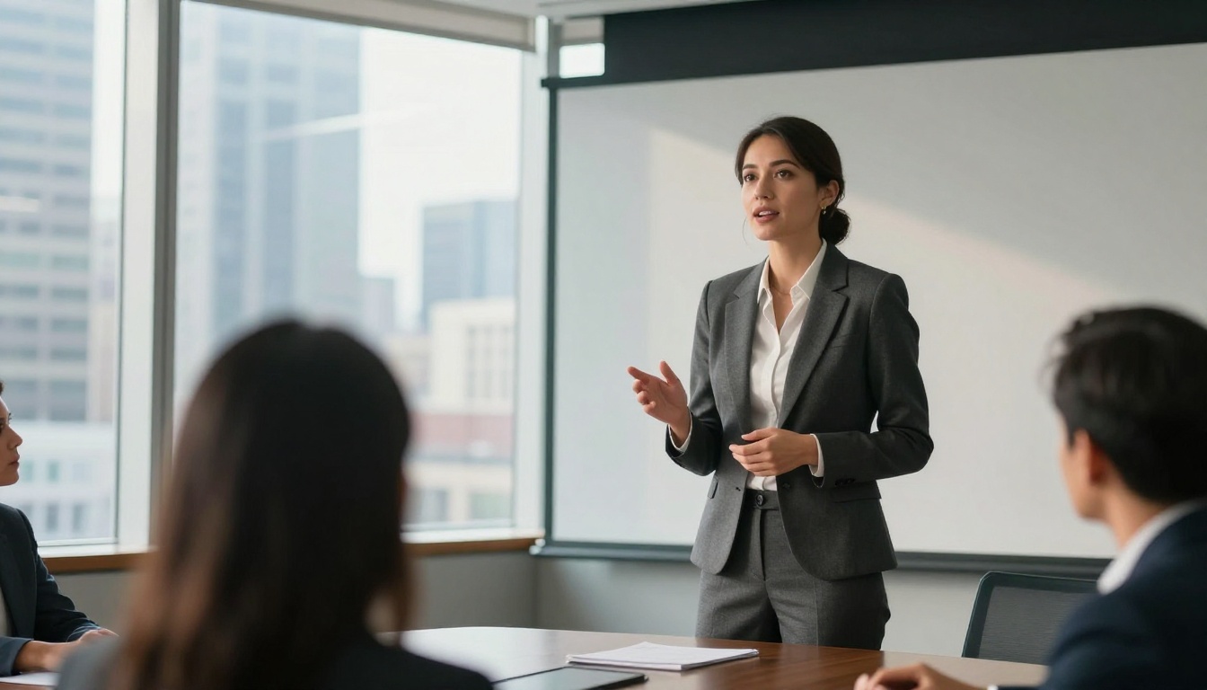 Businesswoman in charcoal pantsuit giving a confident presentation in a glass-walled conference room with city skyline views