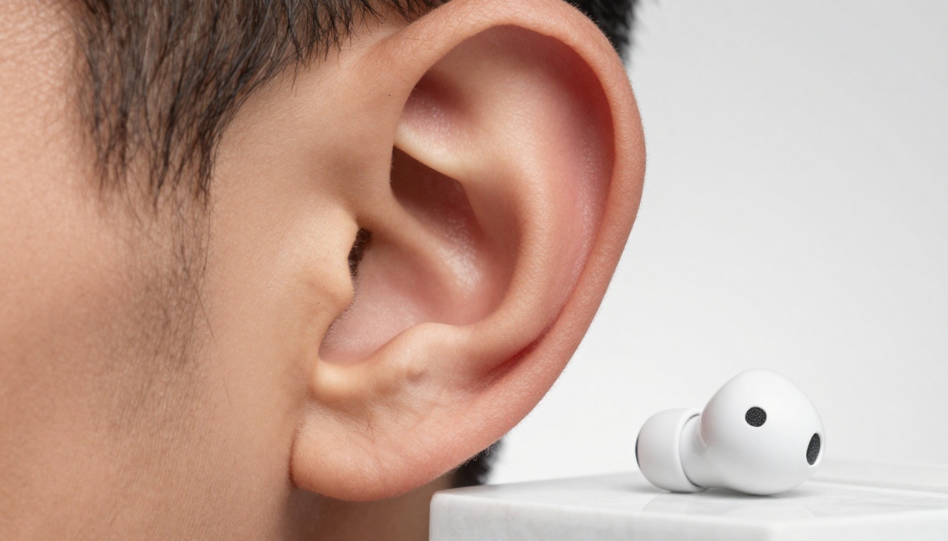 Extreme close-up of a human ear with a sleek wireless earbud inserted, resting on white marble surface