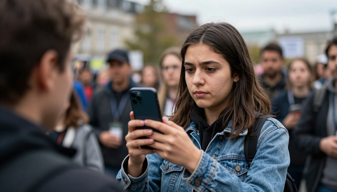 Young journalist in a denim jacket holding a smartphone to record audio at an outdoor event with a blurred crowd