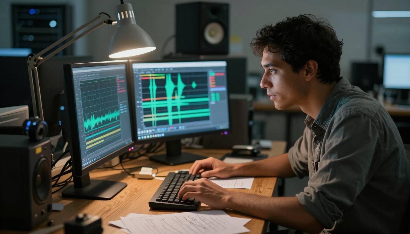 Researcher studying audio waveform data and mel spectrogram visualizations on dual monitors in a dimly lit lab