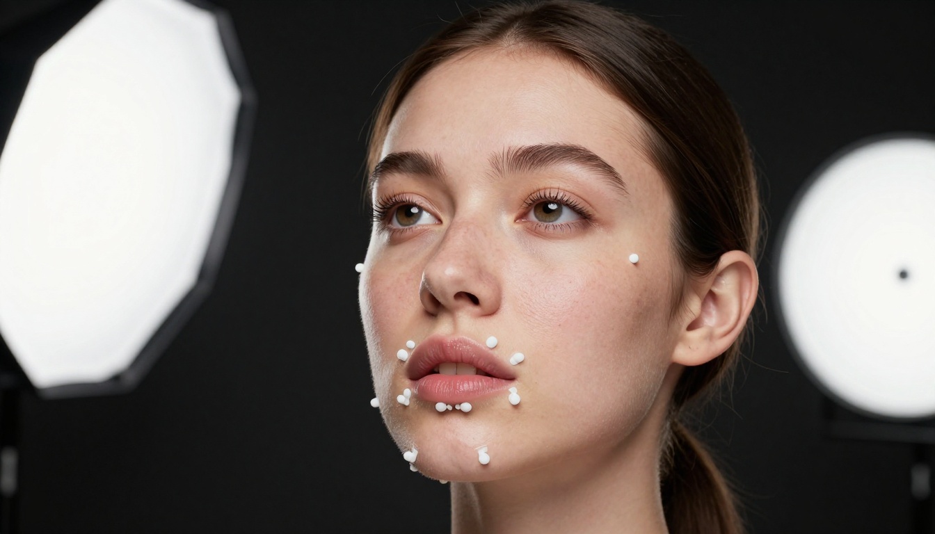 Young woman in a motion capture studio with precise reflective facial landmark tracking markers placed around her lips and jaw