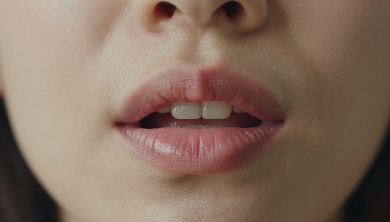Extreme close-up of a woman's mouth and lower face captured mid-speech, showing fine lip texture and natural moisture detail