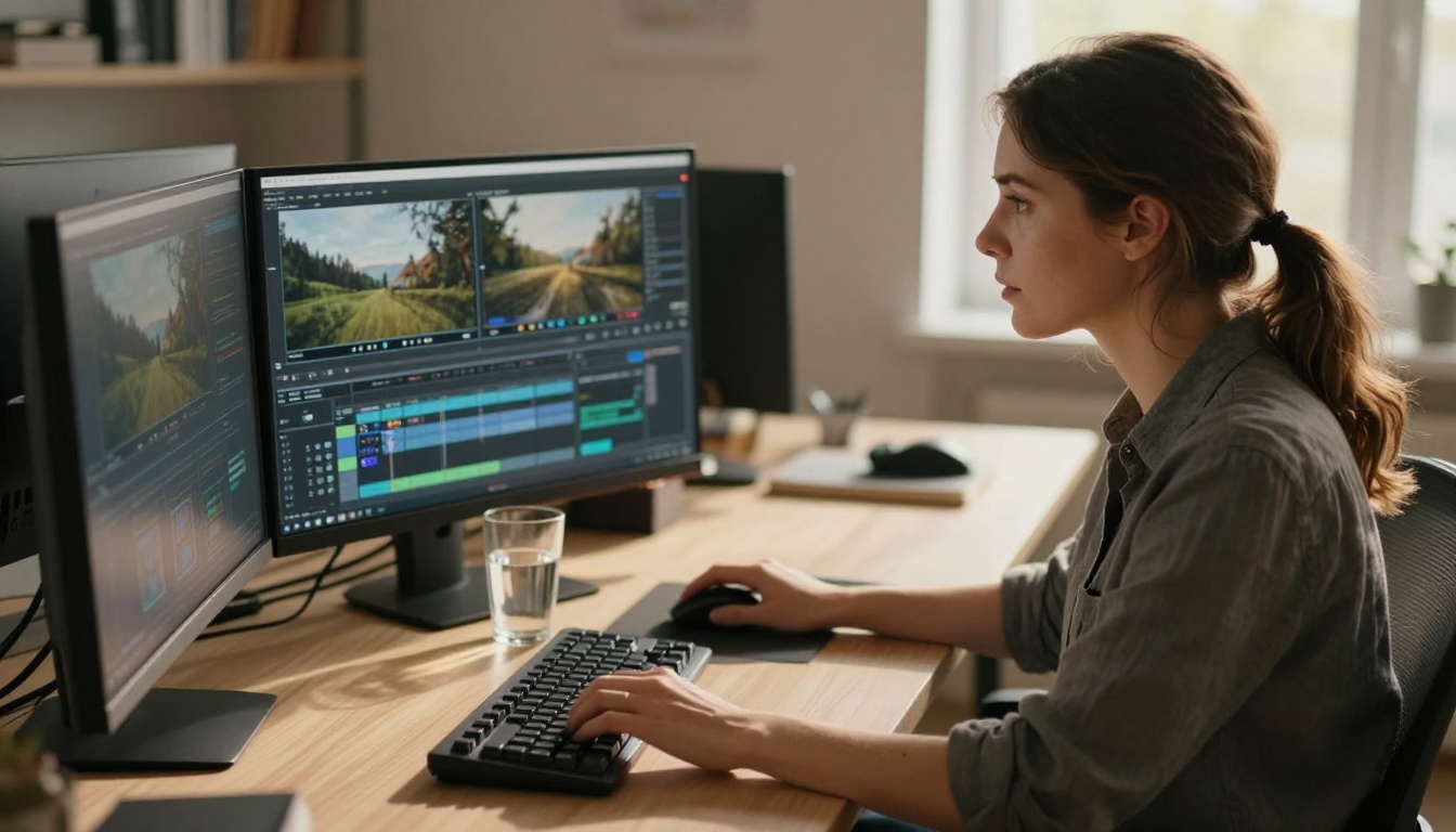 Professional video editor reviewing 4K footage at a dual-monitor workstation