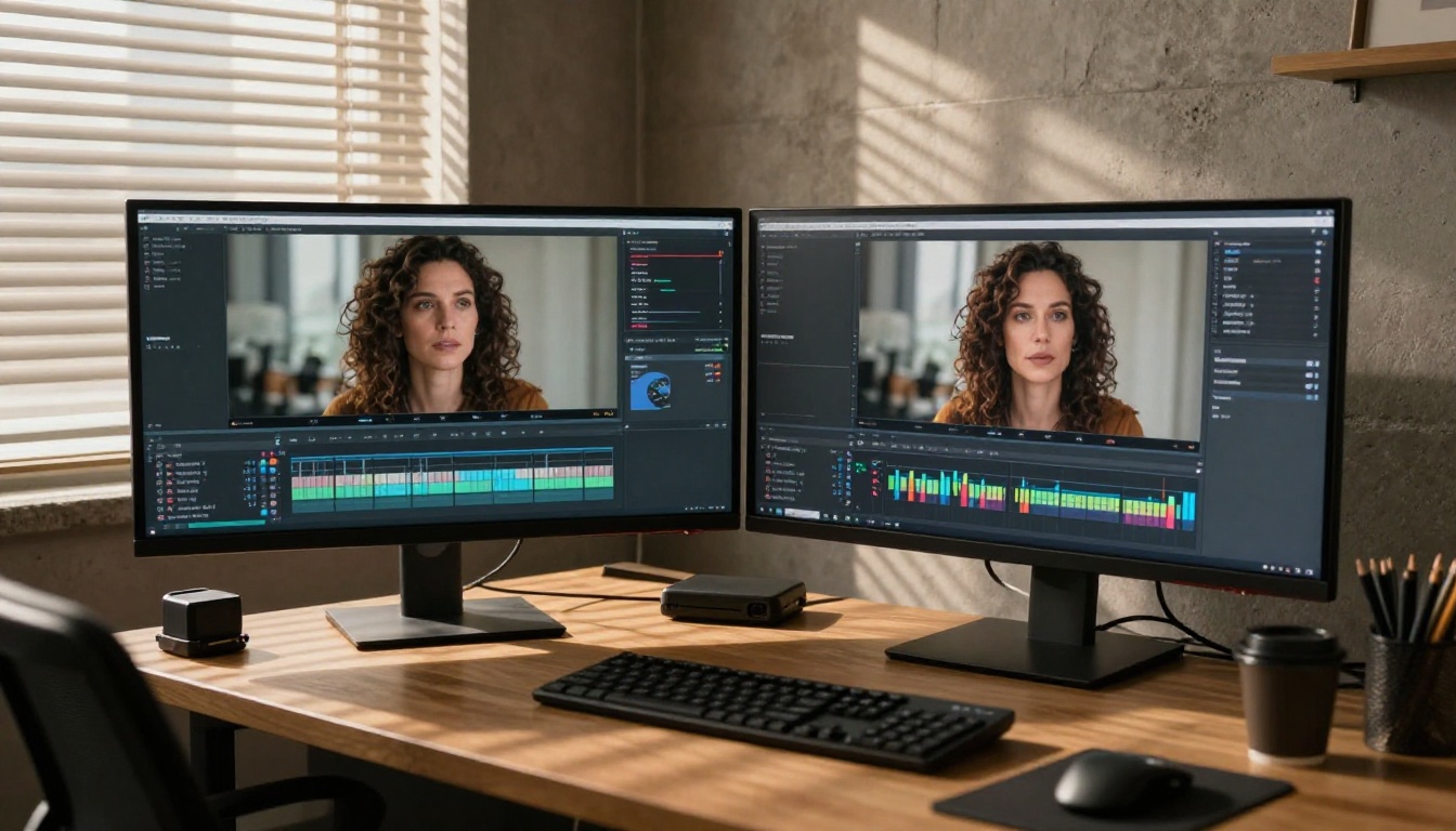 Male video editor in a creative agency reviewing lipsync before-and-after footage on an ultra-wide curved monitor