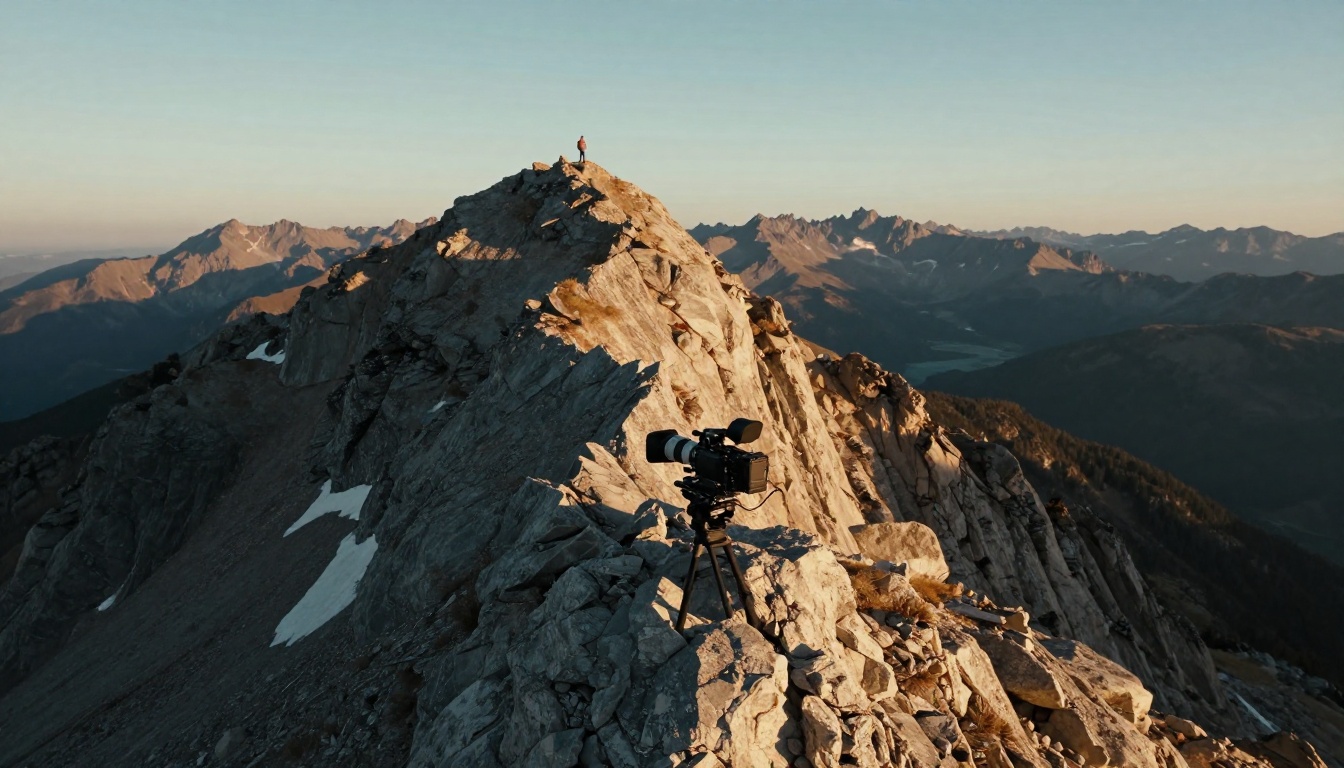 Cinematographer on mountain ridge captured from an aerial drone perspective
