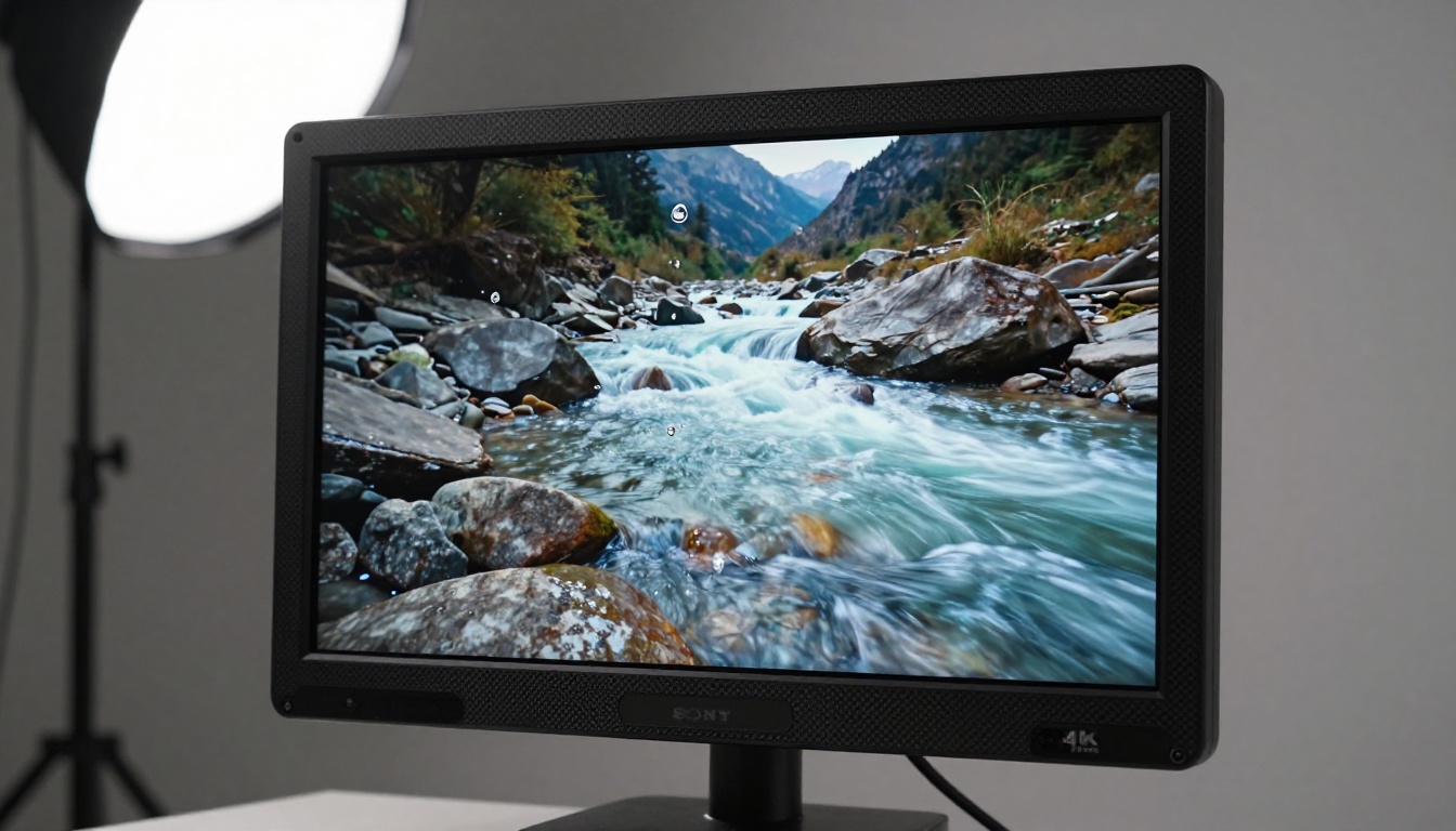 Premium 4K studio monitor displaying sharp mountain river footage