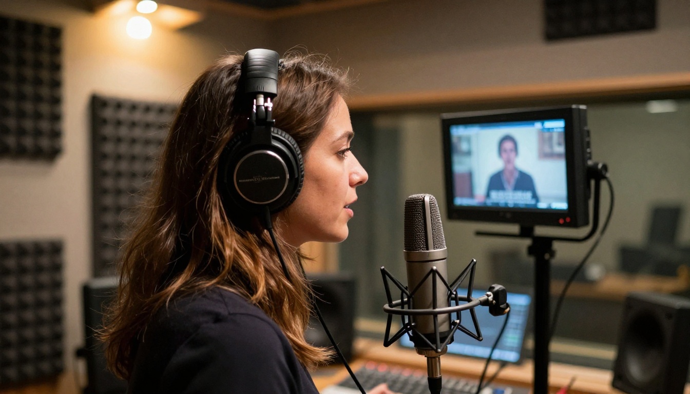 Professional female dubbing artist in a soundproof recording booth wearing studio headphones and speaking into a boom microphone