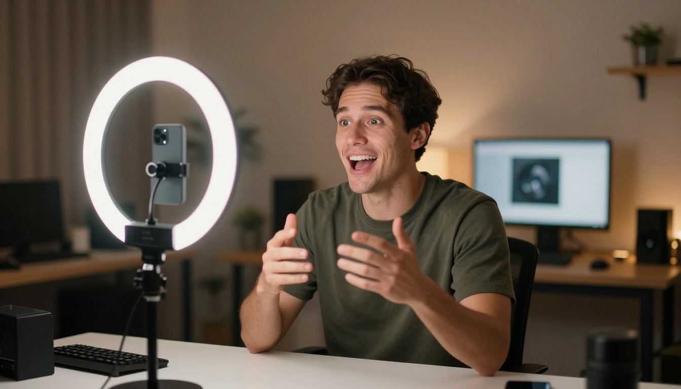 Content creator in a home studio speaking enthusiastically to camera, clean ring light catchlights visible in both eyes