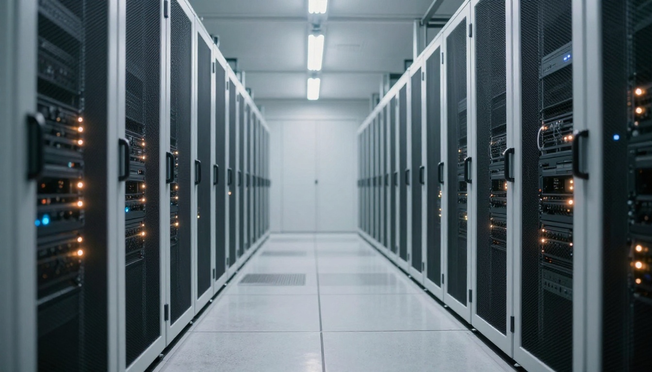 Modern data center server corridor with rows of server racks