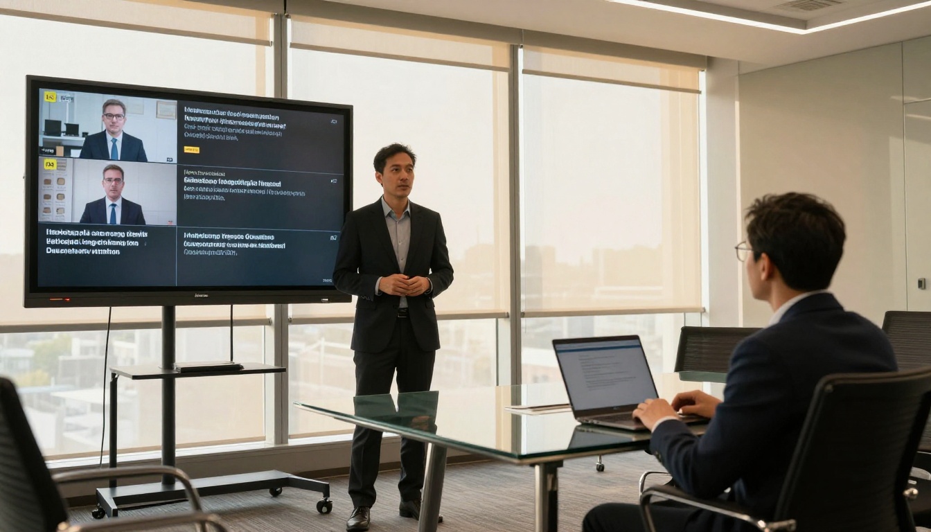 Two business professionals in a bright conference room reviewing multilingual video content on a large wall-mounted display