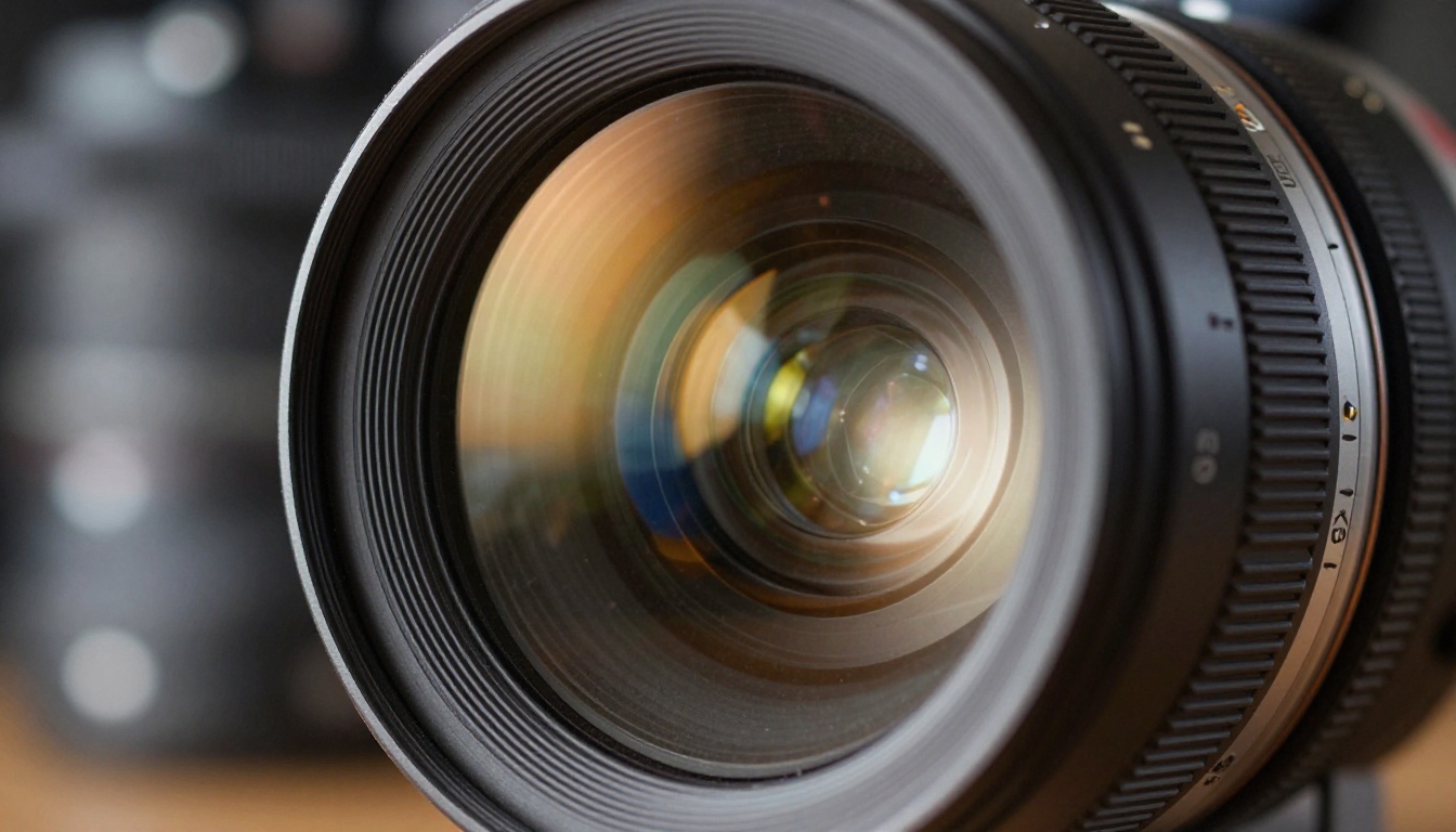 Cinema camera lens front element close-up with optical glass reflections