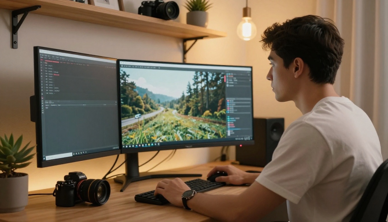 Content creator at home studio desk with 4K monitor